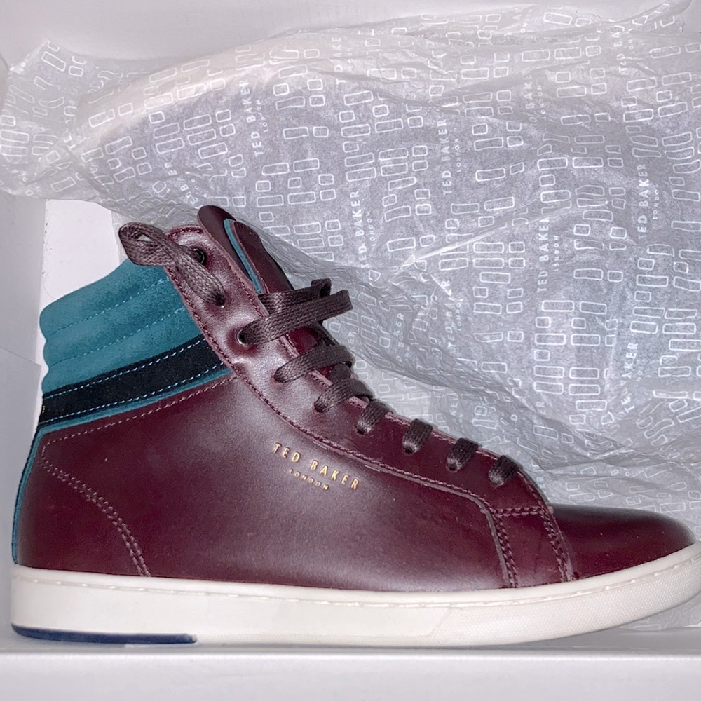 TED BAKER LONDON KILMA BURGUNDY HIGH TOP LEATHER SNEAKERS NEW IN BOX SIZE 8US